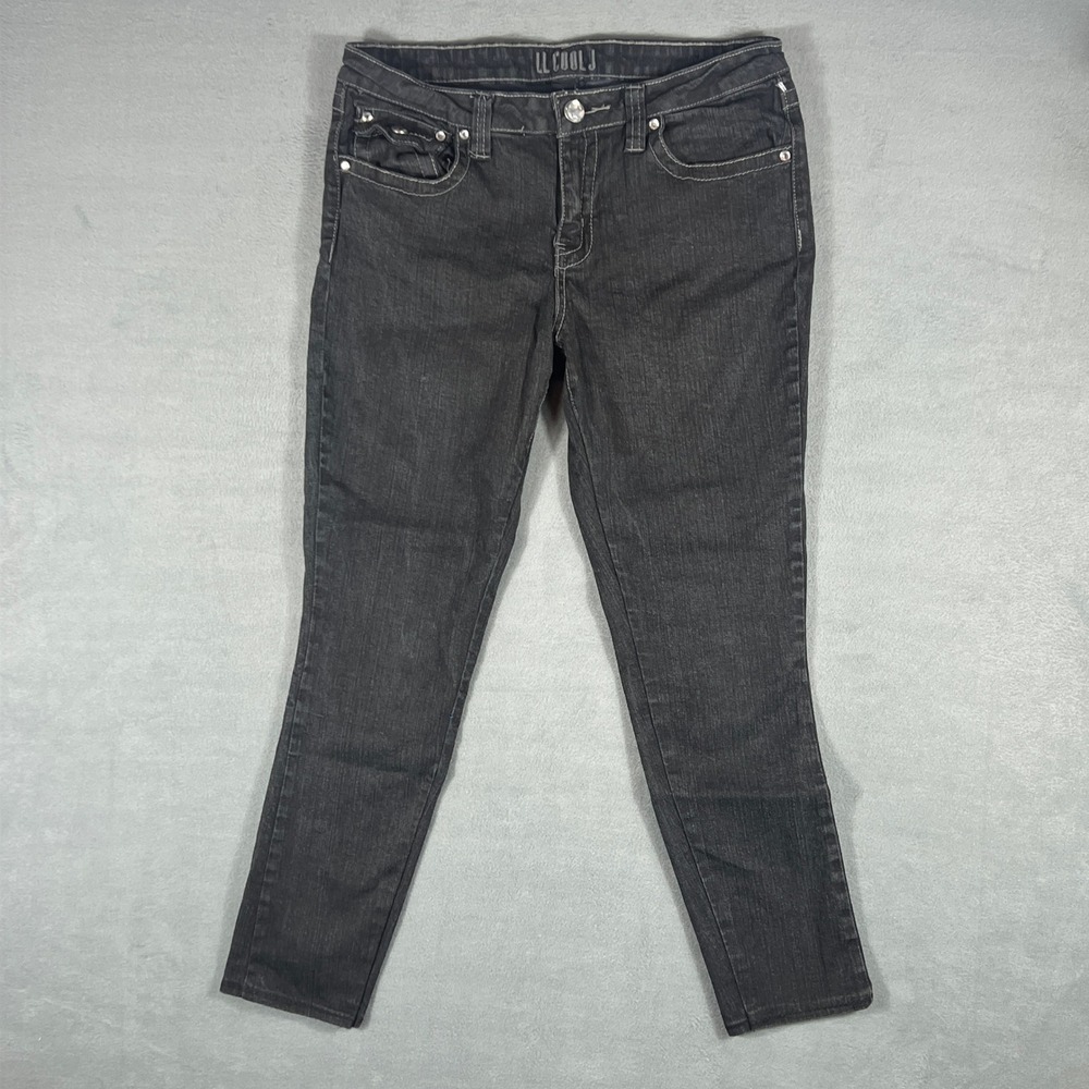 LL Cool J Womens Jeans 11 Black Skinny Ankle Rhinestone Heart Vintage Y2K Bling